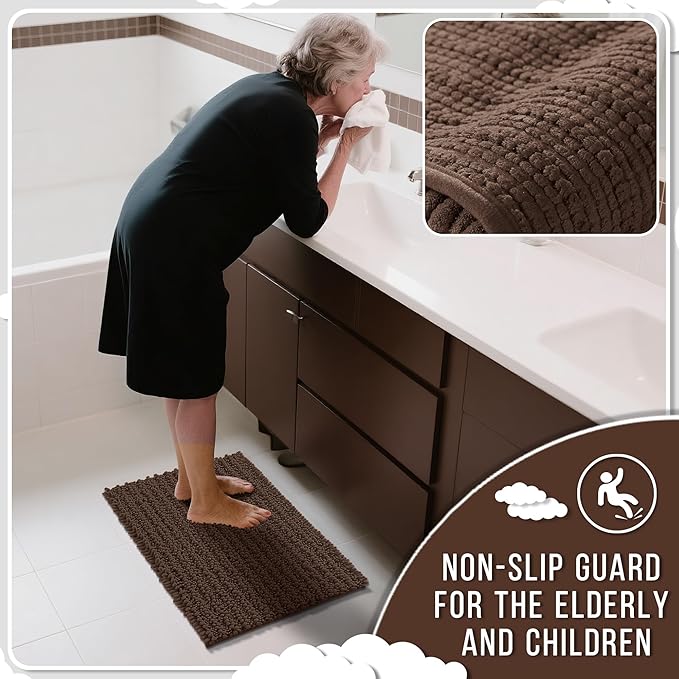 Yimobra Bathroom Rugs Non Slip Washable 24x17 Inch - Ultra Soft Absorbent Chenille Bath Mat, Quick Dry Shaggy Floor Carpet for Tub Shower, Brown Home Decor Accessories