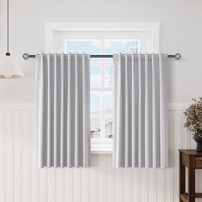 Nanspring Grey100% Blackout Kitchen Curtains Back Tab Rod Pocket Linen Curtain Thermal Insulated Textured Short Blackout Curtains 2 Panels Set 52x54
