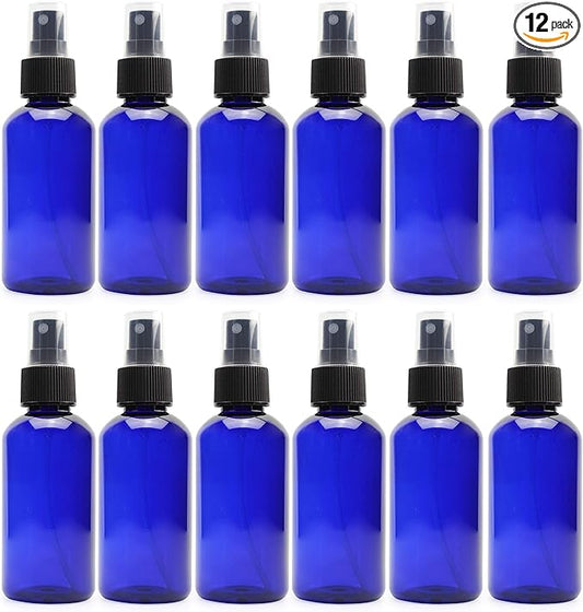 Cornucopia 4oz Blue PLASTIC Fine Mist Spray Bottles (12-Pack); BPA-Free Plastic Spritzer Bottles, Labels Included; PET #1 Plastic Bottles