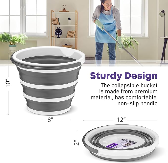 Superio Collapsible Bucket 2 Gallon Bucket with Handle Grey Car Wash Bucket Small Foldable Silicone Pail for Camping, Fishing, Cleaning, Mopping, 10 Liter, 2