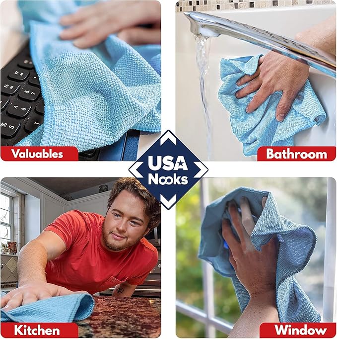 USANOOKS Microfiber Cleaning Cloth - Turq - 8Pcs (12.5x12.5 inch) High Performance - 1200 Washes, Ultra Absorbent Car Towel Traps Grime & Liquid for Streak-Free Mirror Shine - car Washing Cloth