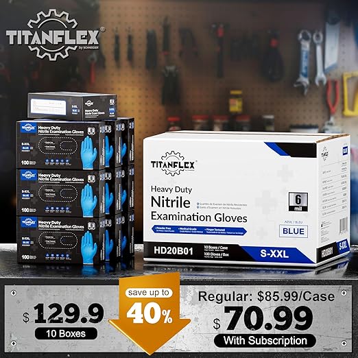 TitanFlex Nitrile Exam Gloves, Blue, 6-mil, Large, Case of 1000, Heavy Duty Nitrile Gloves Disposable Latex Free, Powder Free, Medical Gloves, Cooking Gloves, Mechanic Gloves, Cleaning Gloves