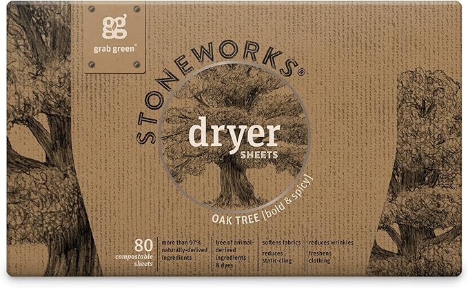Grab Green Stoneworks Laundry Detergent Pods and Dryer Sheet Bundle, 50 Count Pods and 80 Dryer Sheets, Oak Tree Scent, Plant and Mineral Based Laundry Care Set