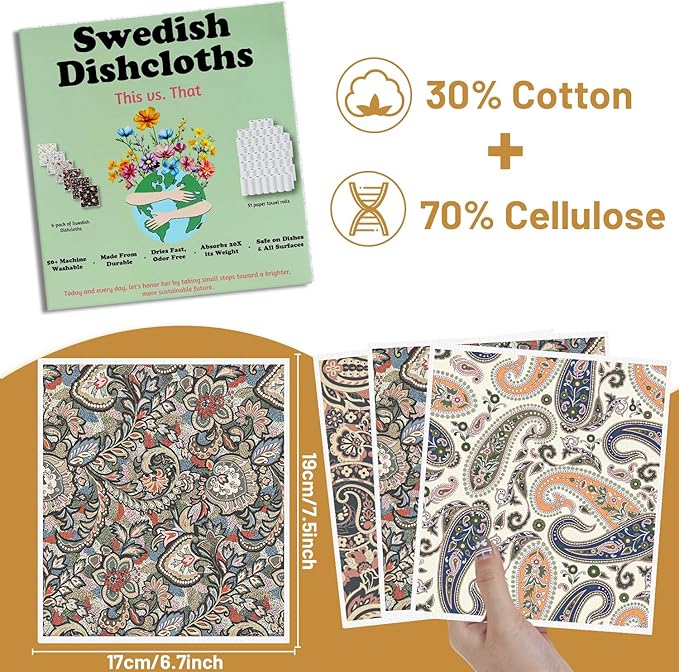Swedish Dishcloths for Kitchen, 6 Pack Vintage Reusable Dish Paper Hand Towels Housewarming Gifts, Absorbent Dish Rags Decoration for Home Cooking Cleaning