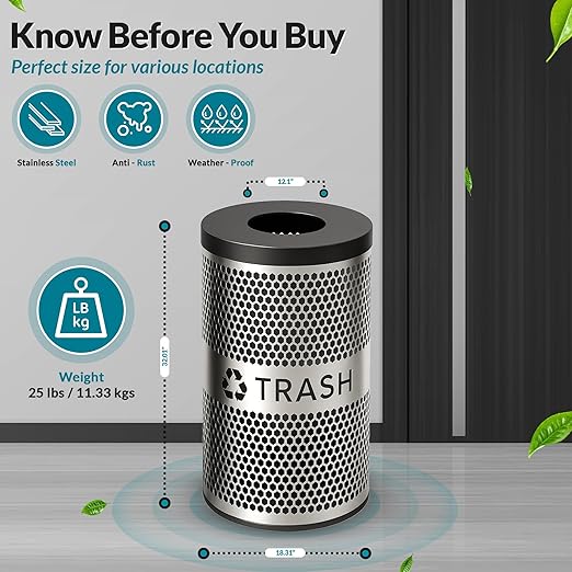 30 Gallon Perforated Stainless Steel Round Trash Receptacle Commercial Indoor Decorative