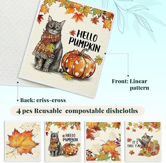 Fall Cat Swedish Dishcloths for Kitchen Cloths Towels, Cute Cat Vintage Autumn Pumpkin Maple Leaves Gifts Set 4 Pack Dish Cloths for Kitchen, Papaya Reusable Cleaning Paper Towels Washable