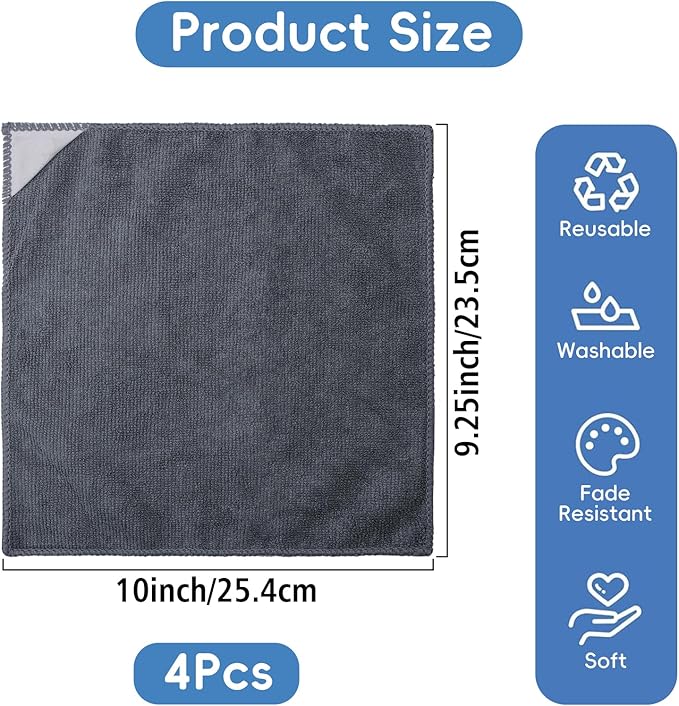 4 Pack Magnetic Microfiber Cleaning Cloth, Dry Erase Erasers Cleaner for Whiteboards, Blackboards, Chalkboards, Glassboards, Home, Office, School, Gray, 10'' x 9.25''