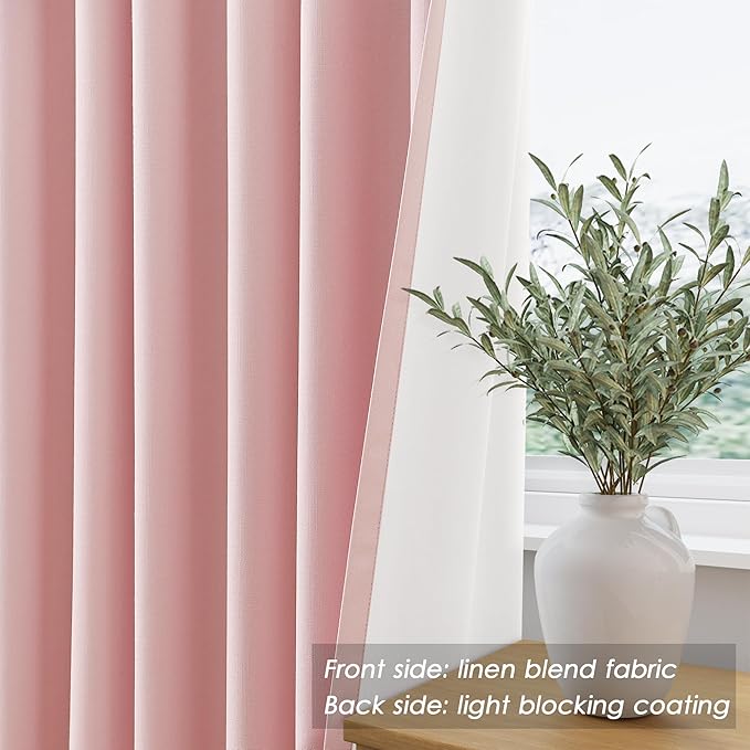 Pink Linen Blackout Curtains 108 Inches Long 2 Panel Set for Living Room Back Tab Pocket Drapes Cotton Textured Room Darkening Light Blocking Curtain for Bedroom Cottage High Window 52x108
