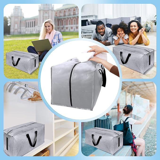 8 Pack Large Strong Bags with Zippers & Carrying Handles - Water-Resistant - Heavy Duty Storage Tote for Space Saving Storage, Fold Flat, Alternative to Moving Box (Silver)