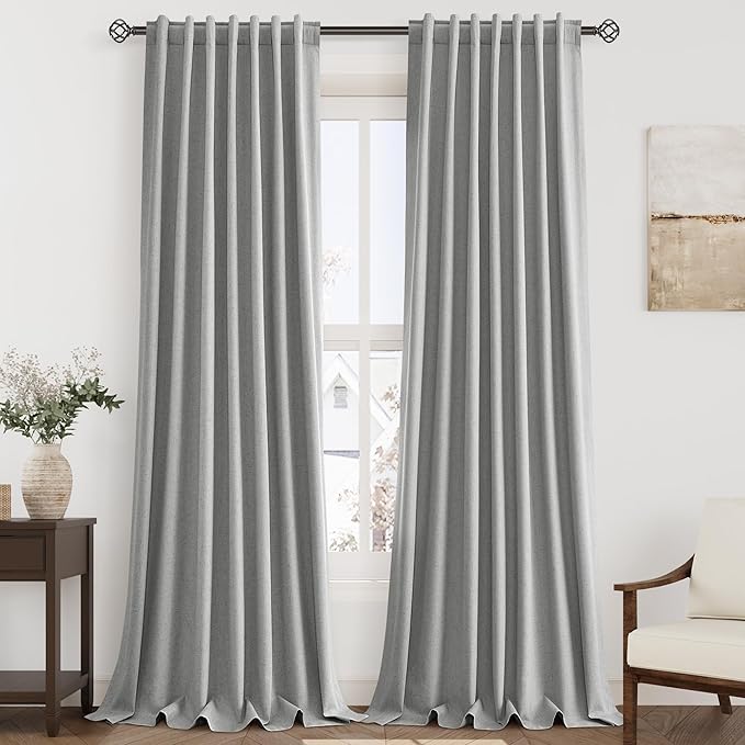 Full Black Out Charcoal Window Curtains Panels 102 Inches Long 2 Panels Set for Living Room Cotton Textured Long Blackout Curtain with Backing Thermal Insulated Drapes for Nursery Bedroom 52x102