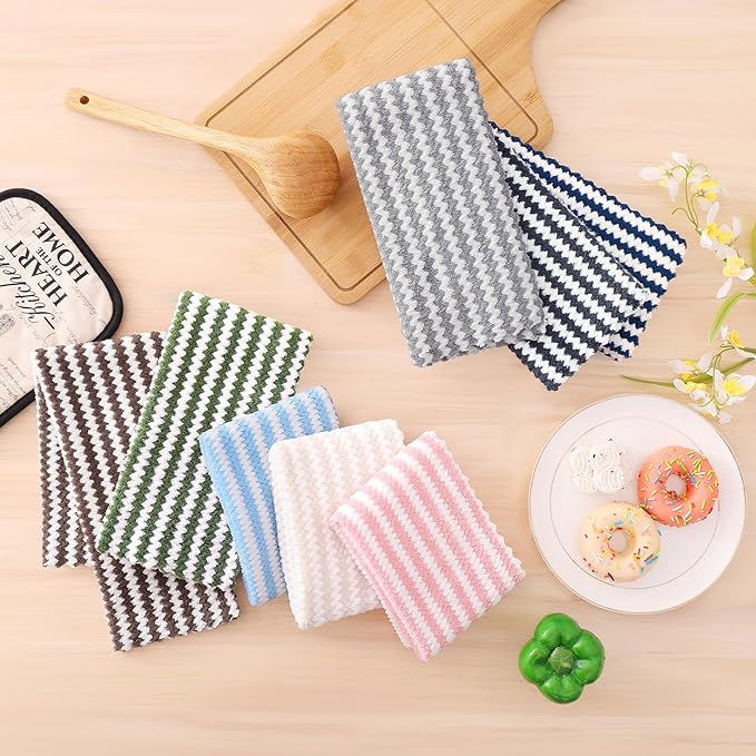 Homaxy Kitchen Towels(12 Pack, 10 x 20 inches), Ultra Soft and Absorbent Dish Towels, Reusable Fast Drying Microfiber Cleaning Cloth, Coral Velvet Wave Design No-lint, Blue