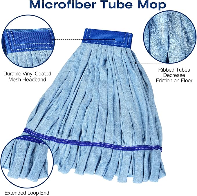Matthew Microfiber Tube Mop(Meduim,Blue,12Pack) Heavy Duty Mop Head Replacement,Excellent Absorbency,Premium launderability,Reusable,Loop end for Home,Commercial&Industrial Use