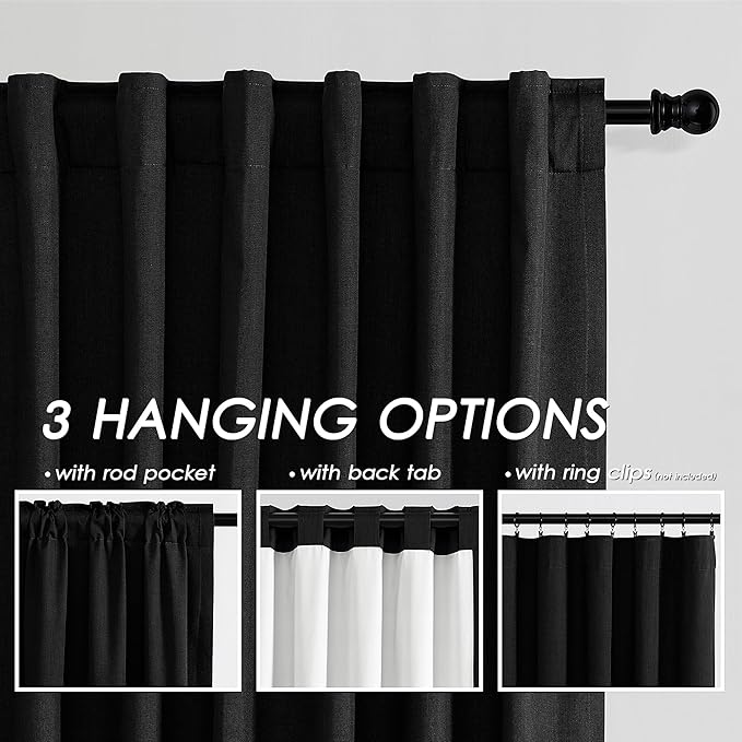 100% Blackout Linen Curtains 102 Inches Long 2 Panels for Bedroom Back Tab Pinch Pleated Black Out Curtain Modern Urban Noise Cancelling Total Light Blocking Window Curtains 102 Inch Length,Black