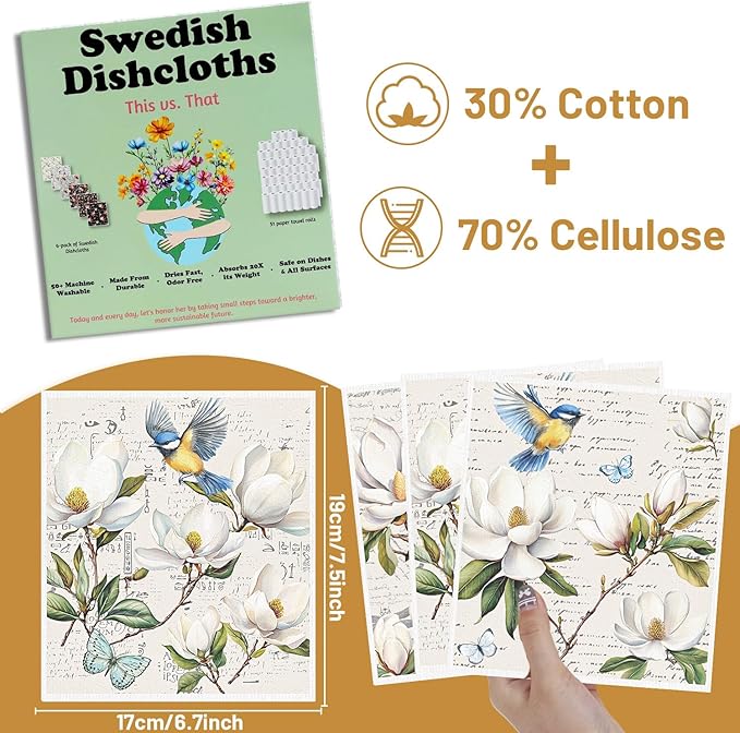 Floral and Birds Swedish Dishcloths for Kitchen, 6 Pack Vintage Flower Reusable Paper Hand Dishing Towels Housewarming Gifts, Absorbent Dish Rags Decoration for Home Cooking Cleaning