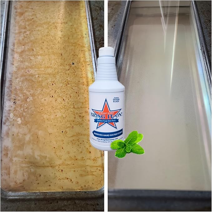 Bring It On Cleaner Hard Water Stain Remover for Glass, Soap Scum remover for Shower glass, Fiberglass, Windows, Tile and Grout Cleaner, Water Spot Remover for Glass Includes Scrubbing Drill Pads