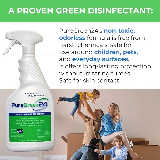 PureGreen24 Safe & Effective Disinfectant. Kills Deadly Germs including RSV COVID-19 Norovirus MRSA Staph 2025 flu Bird flu Contains no toxic chemicals odorless child & pet safe 1 32oz