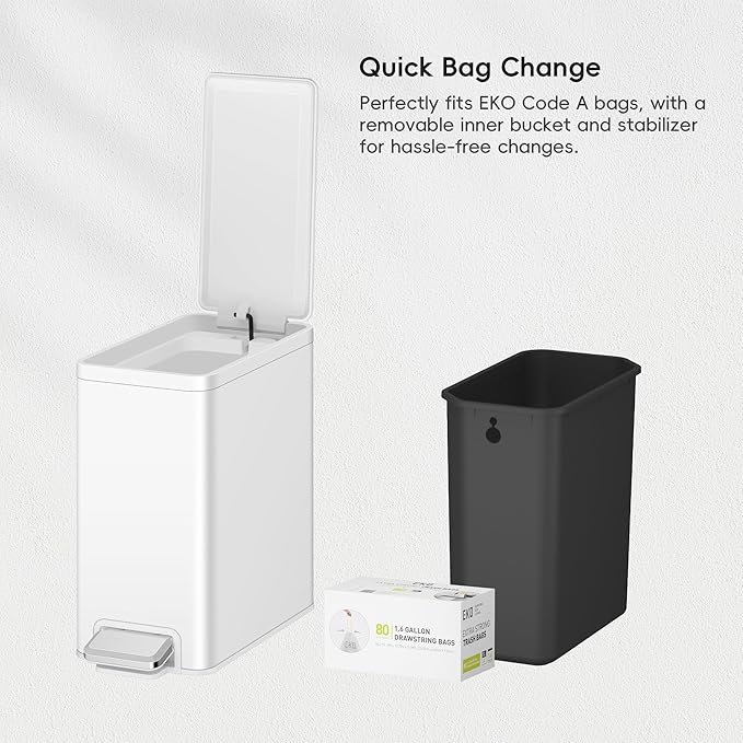 EKO Slim Small Bathroom Trash Can with Lid, Stainless Steel Small Garbage Can with Removable Inner Bucket, 6L / 1.6 Gal, Step On Trash Bin (White)