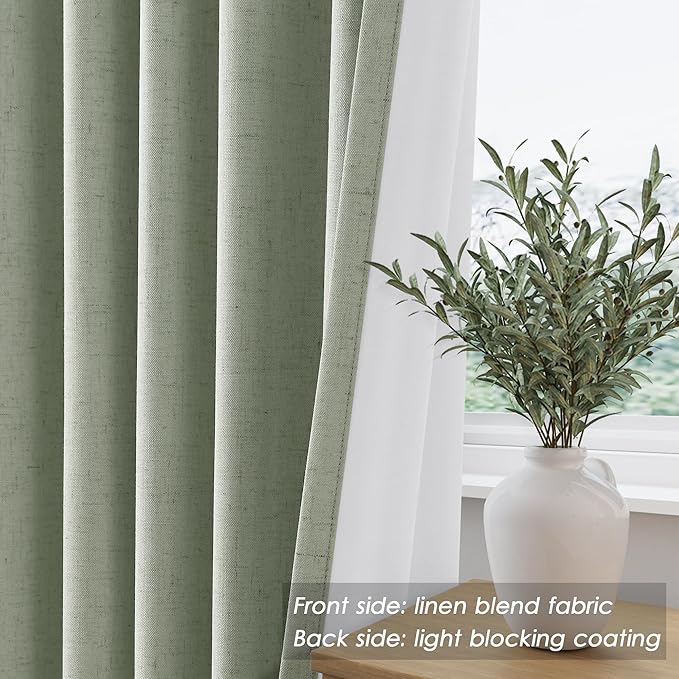 Mist Sage Linen Curtains 102 Inches Long Thermal Insulated Back Tab Rod Pocket Heat Reducing Noise Reducing Total Blackout 2 Panels Set for Sliding Door Boho Farmhouse Curtains Drapes 52x102