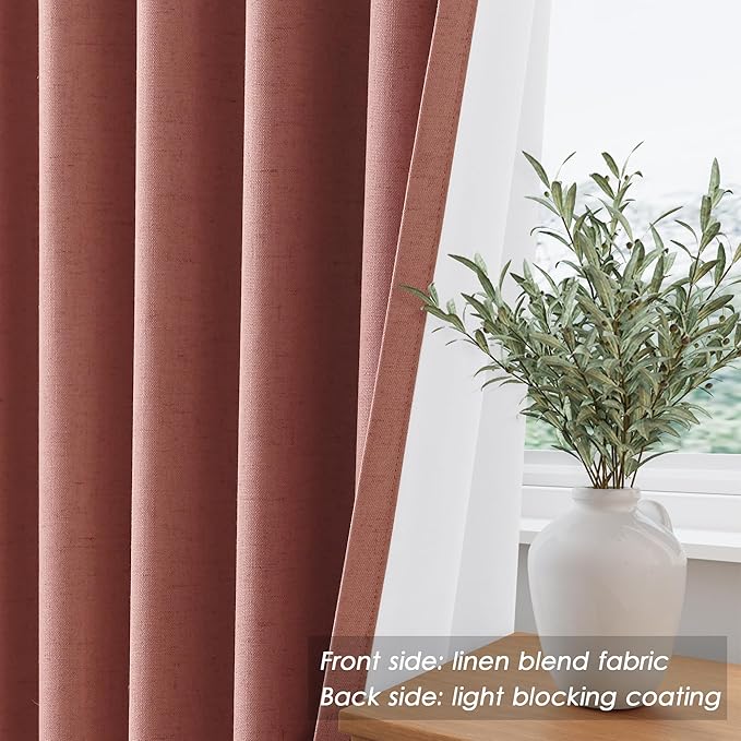 100% Blackout Linen Curtains 102 Inch Length 2 Panels Canyon Rose Boho Farmhouse Curtain Thermal Insulated Loop Pocket Rod Pocket Flax Linen Elegant Modern Drapes for Bedroom and Dining Room 52X102