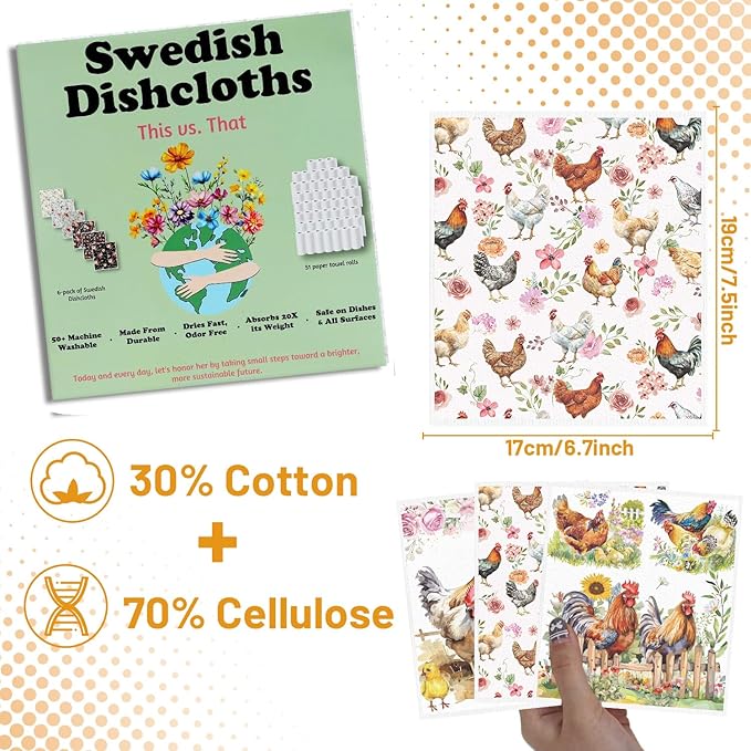 Chicken Swedish Dishcloths for Kitchen - 6PCS Chicken Swedish Cloths for Washing Dishes, Cute Rooster Reusable Dish Towels, Hen Washable Cleaning Sponge for Home Party Fast Drying