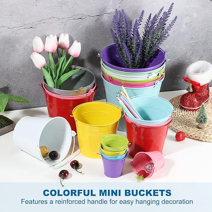 PATIKIL 7"x6.4" Small Metal Buckets with Handle, 6 Pcs Mini Galvanized Bucket Colorful Easter Buckets for Crafts Party Favors Decoration, Green/Yellow/Orange/Blue/Red/Purple
