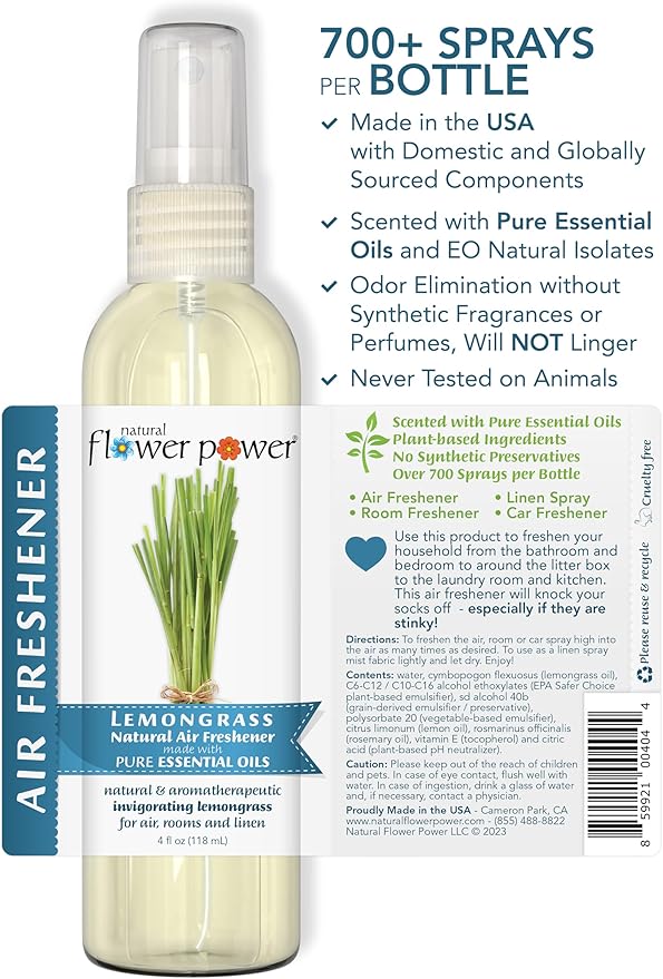 Natural Flower Power Air Freshener Spray - Odor Eliminator w/Essential Oils - Home, Car & Fabric - Cruelty Free & Vegan - Variety Pack - Lavender + Lemongrass + Peppermint & Lemon - 3 x 4 fl oz