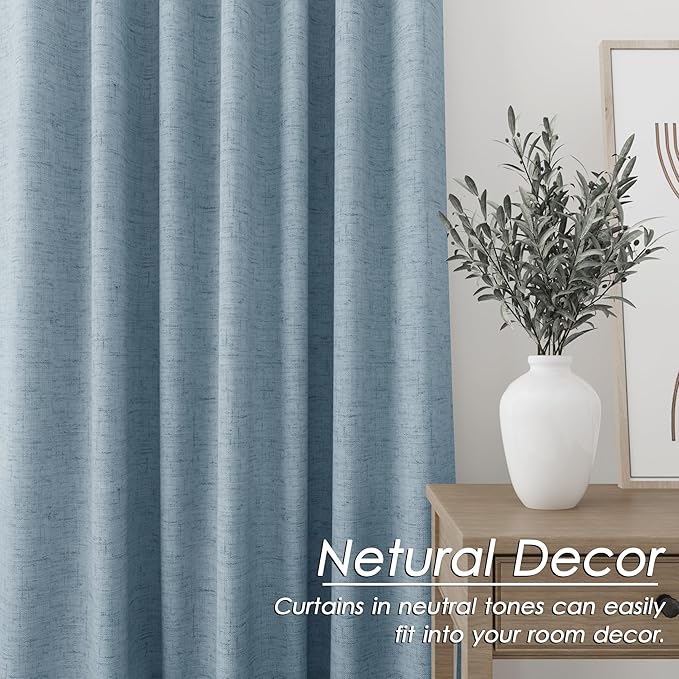 Nanspring Blue Linen Kitchen Curtains Back Tab Rod Pocket Drapes Thermal Insulated Textured Short 100% Blackout Curtains 2 Panels Set 52x45