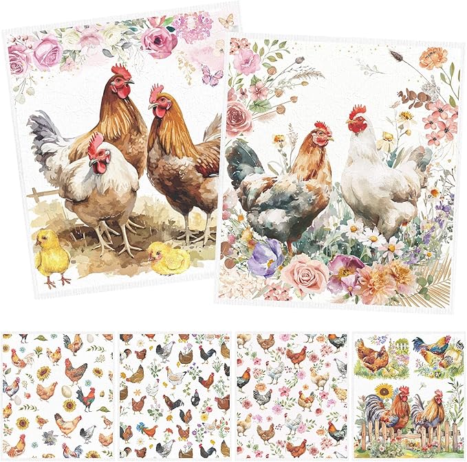 Chicken Swedish Dishcloths for Kitchen - 6PCS Chicken Swedish Cloths for Washing Dishes, Cute Rooster Reusable Dish Towels, Hen Washable Cleaning Sponge for Home Party Fast Drying