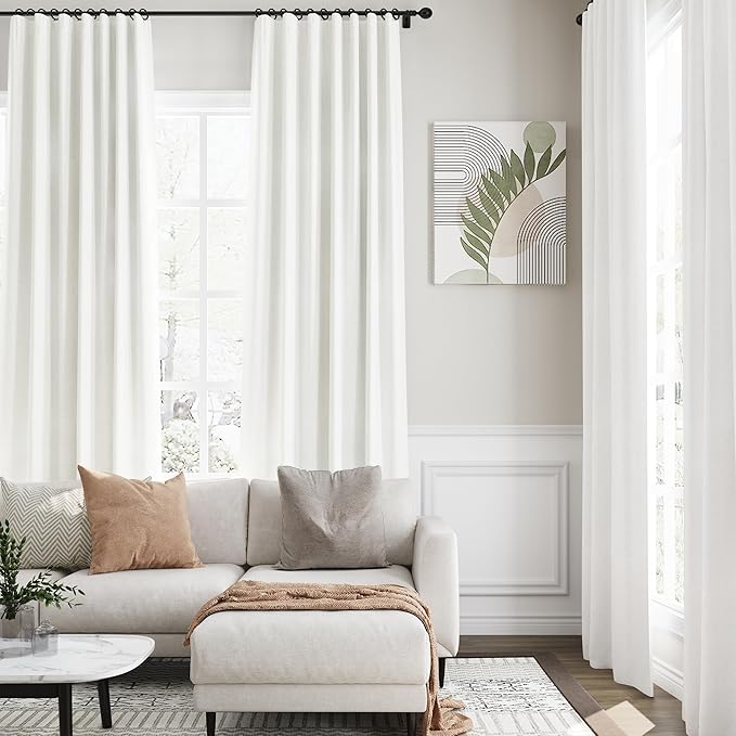100% Blackout Linen Curtains 102 Inches Long 2 Panels Set for Bedroom Ivory Back Tab Black Out Curtain Modern Urban Noise Cancelling Total Light Blocking Window Curtains 102 Length 52X102 Inch