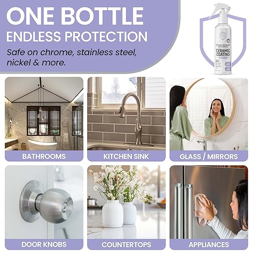 Fixture Shield Home Ceramic Coating Spray (8 oz) - SiO₂ Hydrophobic Protection for Kitchen & Bath | Repels Fingerprints, Stains & Hard Water | Extra Strength Formula | Made in USA