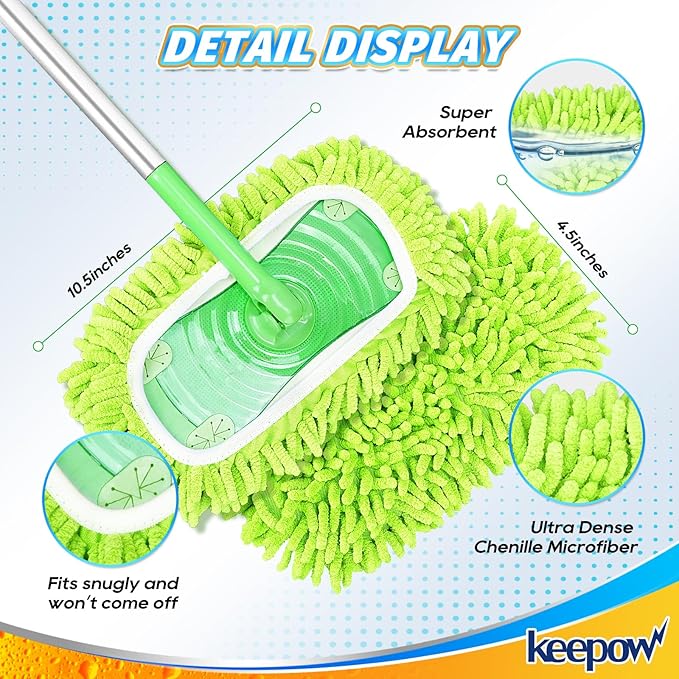 KEEPOW Reusable Microfiber Mop Pads Compatible with Swiffer Sweeper & Mop Deluxe 2-in-1, Wet & Dry Mopping Cloths for All Floors, Compatible with Swiffer Dry Sweeping Cloths for Cleaning (4 Pack)