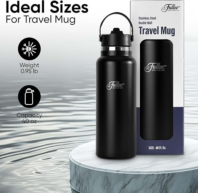 Fuller Stainless Steel Water Bottle with Straw Lid – BPA-Free, Sweat-Proof, Leak-Proof Travel Mug – Double Wall Insulated for Hot & Cold Drinks – Carry Handle (Black, 40 Oz.)
