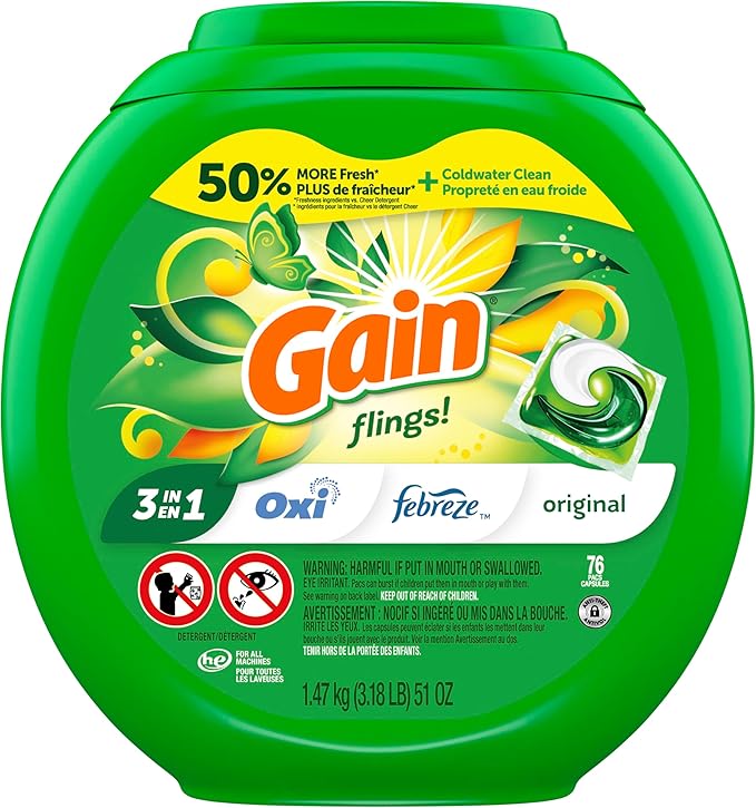 Gain flings Laundry Detergent Soap Pacs HE Compatible Long Lasting Scent, Original Scent, 76 Ct, Gain Laundry Detergent