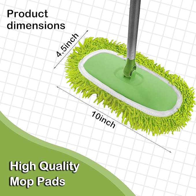 Reusable Microfiber Chenille Mop Pads Compatible with Swiffer Sweeper, Dry Sweeping Cloths & Wet Mopping Cloths, Refills for Hardwood Surface Floor Cleaning, 4 Pack (Green)