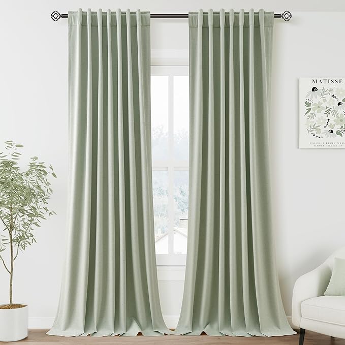Nanspring Mist Sage Linen Blackout Curtains 96 Inches Long Back Tab Rod Pocket Thermal Insulated Flax Linen Sound Proof Full Blackout 2 Panels Set for Nursery Modern Farmhouse Curtains Drapes 52x96