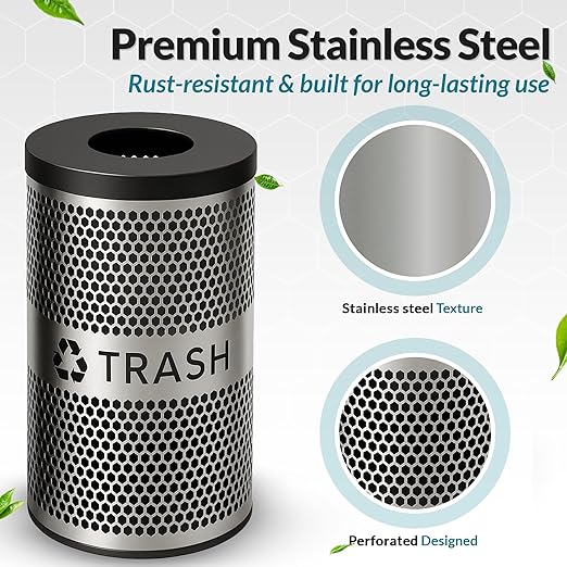30 Gallon Perforated Stainless Steel Round Trash Receptacle Commercial Indoor Decorative
