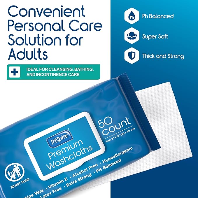 Inspire Adult Wet Wipes, Wash Cloths, Incontinence & Cleansing for Elderly Extra Large, 8"x12" (300 count)