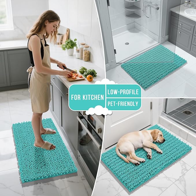 Yimobra Bathroom Rugs Non Slip Washable 24x17 Inch - Ultra Soft Absorbent Chenille Bath Mat, Quick Dry Shaggy Floor Carpet for Tub Shower, Lake Blue Home Decor Accessories
