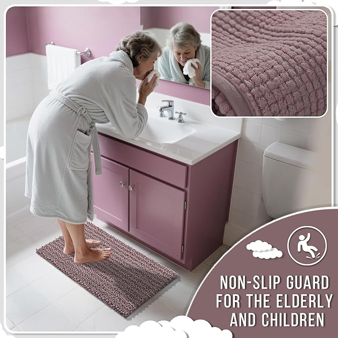 Yimobra Bathroom Rugs Non Slip Washable 24x17 Inch - Ultra Soft Absorbent Chenille Bath Mat, Quick Dry Shaggy Floor Carpet for Tub Shower, Mauve Home Decor Accessories