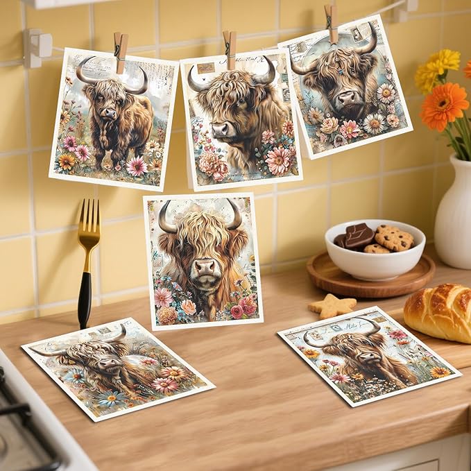 Highland Cow Swedish Dishcloths for Kitchen 6PCS Floral Highland Cow Swedish Cloths for Washing Dishes Reusable Flower Animals Themed Washable Cotton Kitchen Towels for Home Supplies
