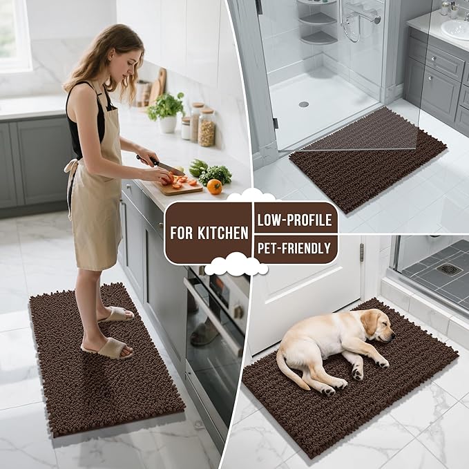 Yimobra Bathroom Rugs Non Slip Washable 24x17 Inch - Ultra Soft Absorbent Chenille Bath Mat, Quick Dry Shaggy Floor Carpet for Tub Shower, Brown Home Decor Accessories