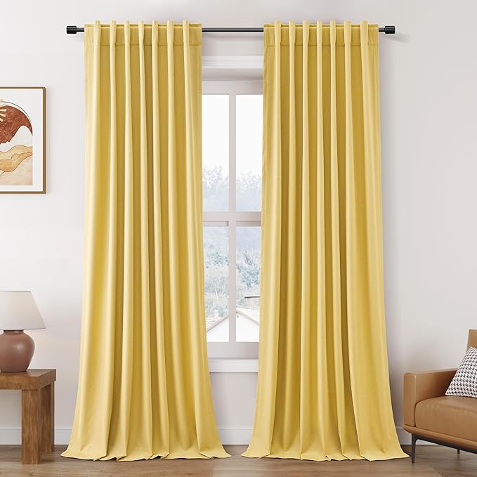 Nanspring Gold Yellow Linen Curtains 90 Inches Long Loop Pocket Rod Pocket Thermal Insulated Flax Linen Sound Proof Sun Block Out 2 Panels Set for Nursery Rustic Farmhouse Curtains Drapes 52x90