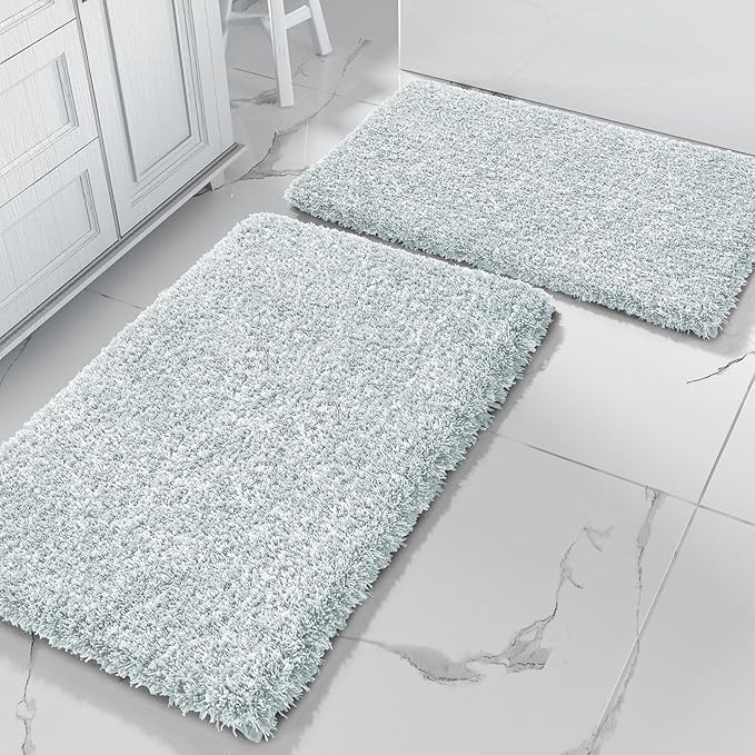 Yimobra Bathroom Rug Set 2 Piece, Soft Absorbent Microfiber Bath Mat Set, Non Slip Machine Washable Dry, Plush Shaggy Shower Rugs for Bathroom Floor, 32"x20"+24"x17", Sky Light Blue & White