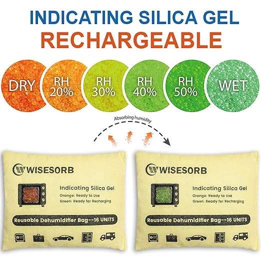 Rechargeable Gun Safe Dehumidifier, 6 Packs 8U Indicating Desiccant Packs with Transparent Window for Storage Reusable Silica Gel Packets Moisture Absorbers Safe Dehumidifier
