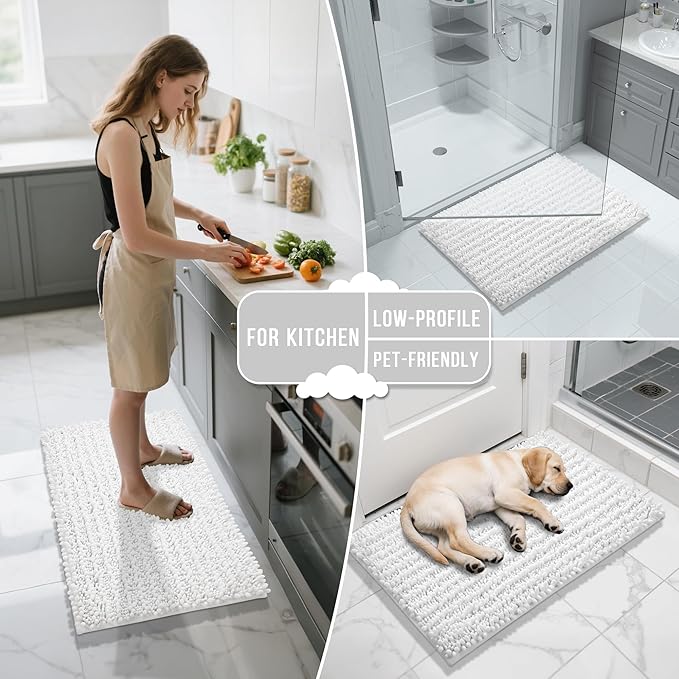 Yimobra Bathroom Rugs Non Slip Washable 24x17 Inch - Ultra Soft Absorbent Chenille Bath Mat, Quick Dry Shaggy Floor Carpet for Tub Shower, White Home Decor Accessories