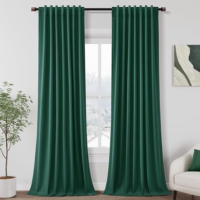 Nanspring 100% Blackout Curtains 2 Panels Set Back Tab Dark Green Window Curtains 102 Inches Long Full Black Out Cotton Textured Linen Curtains Thermal Insulated for Living Room 52x102