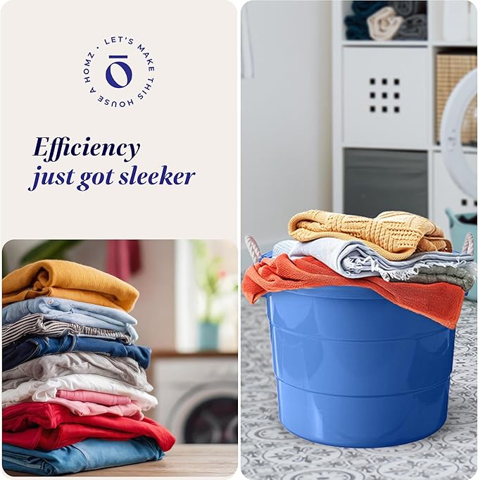 HOMZ 2-Pack Utility Tub, Large Plastic Storage Bucket with Rope Handles, 18 Gallon, Blue - Portable Indoor and Outdoor Buckets for Kitchen, Laundry, Garden, Bathroom, and Garage Organization
