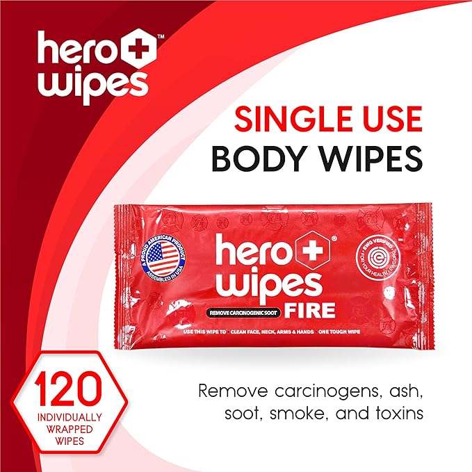 Hero Wipes Body Wipes Remove 98% Of Carcinogens, Ash, Soot, Smoke, Toxins - 120ct Extra Thick Durable 10x9 inches Firefighter Wet Wipes