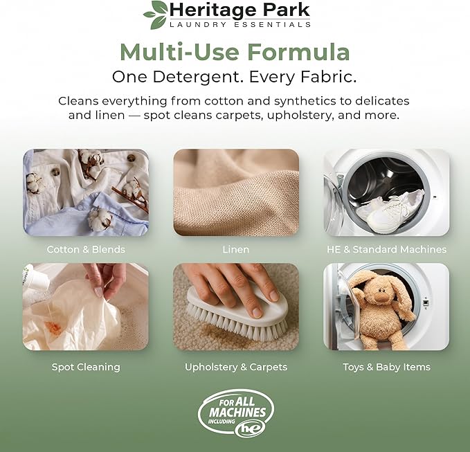 Heritage Park Luxury Laundry Detergent | Dermatologist Tested Plant based Natural & Enzyme Laundry Detergent | Sensitive Skin Friendly - Fragrance Free (4 fl oz Trial Size)