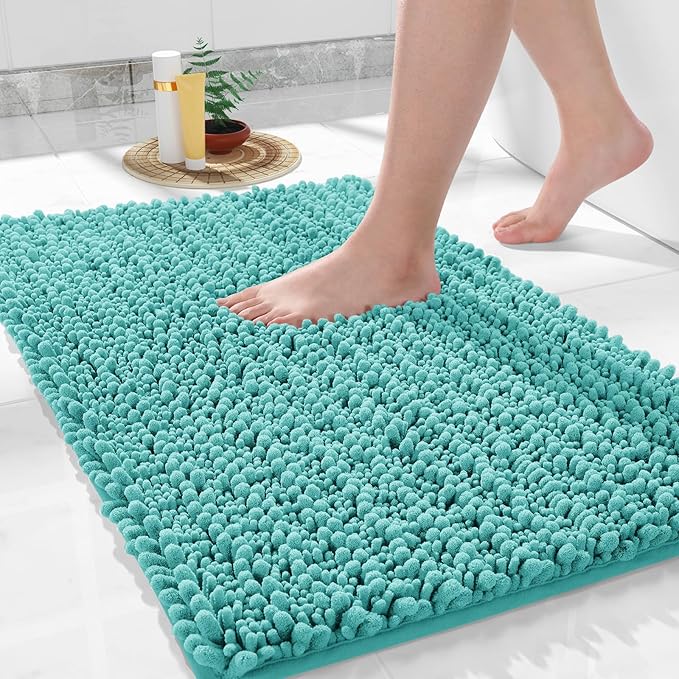 Yimobra Bathroom Rugs Non Slip Washable 24x17 Inch - Ultra Soft Absorbent Chenille Bath Mat, Quick Dry Shaggy Floor Carpet for Tub Shower, Lake Blue Home Decor Accessories